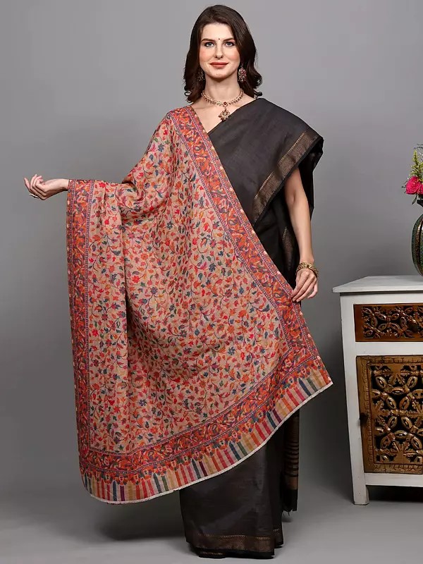 Kani Jamawar Reversible Two Ply Shawl with Woven Floral Leaf Jaal and Paisleys