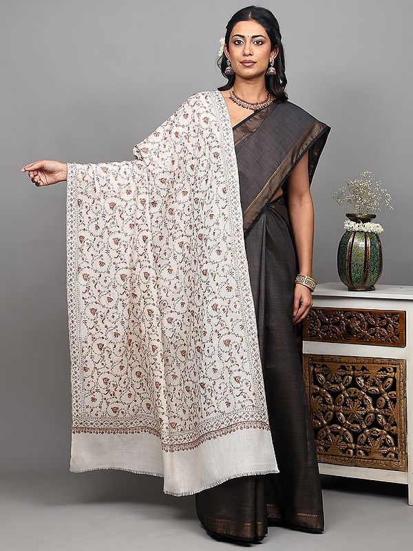 Arctic-Wolf Pure Wool Shawl from Kashmir with Floral Jaaldar Sozni Embroidery by Hand