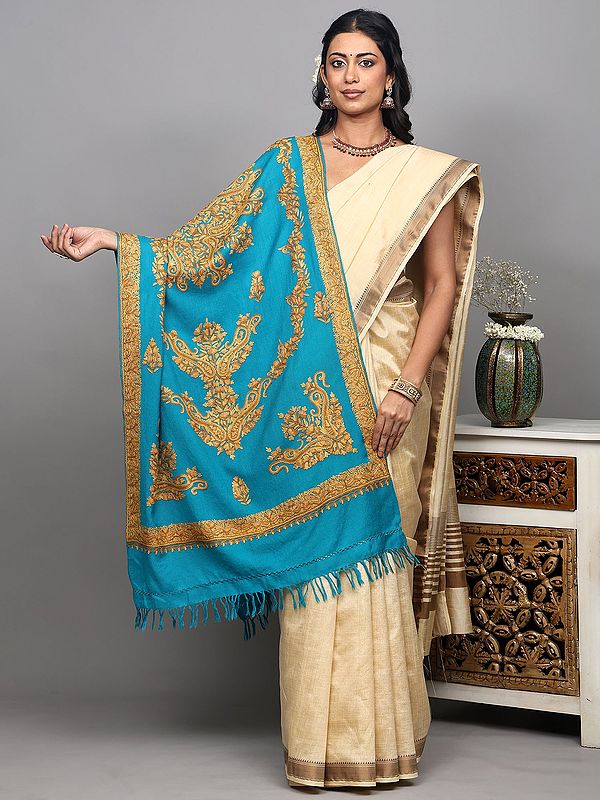 Tile-Blue Pure Wool Stole with Aari Hand Embroidered Paisleys from Kashmir