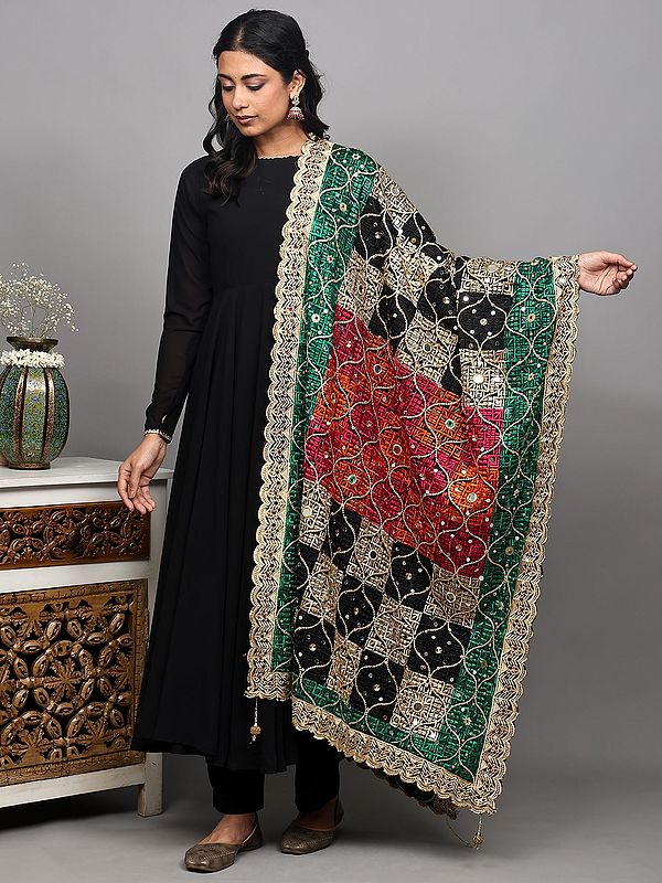 Multicolor Thread Embroidered Phulkari Dupatta with Bead-Mirror work and Scalloped Border from Amritsar