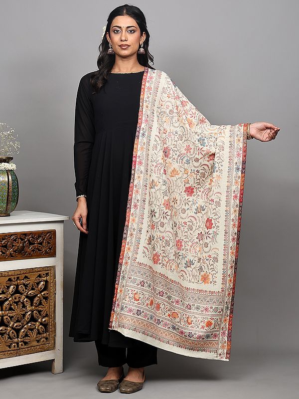 Solitary-Star Stole with Woven Floral Vine in Multicolor Thread