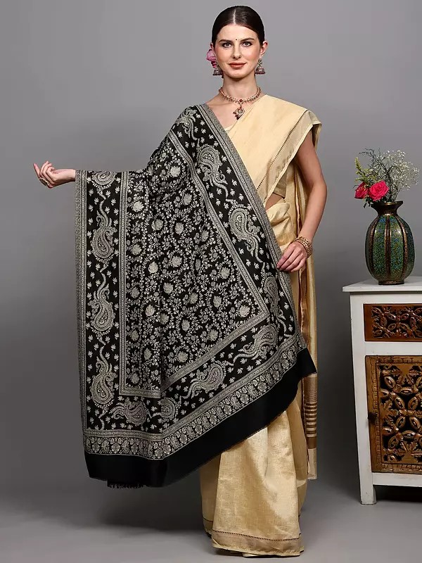 Intricately Woven Reversible Wool Shawl Featuring Floral Jaal and Paisley Border