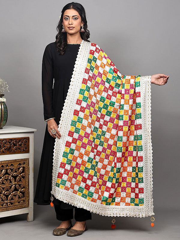 Star-White Phulkari Dupatta with Beads work and Multicolor Embroidery from Amritsar