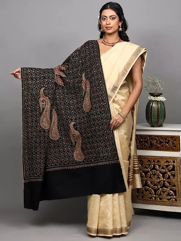 Pure Wool Shawl from Kashmir with Sozni Hand-Embroidered Paisley and Central Chakra Motif