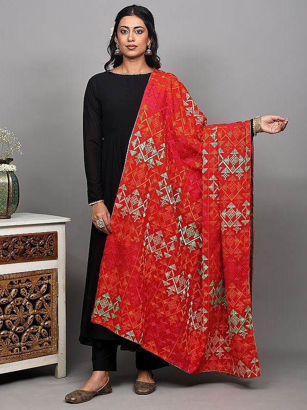 Barbados-Cherry Phulkari Dupatta with Thread Embroidered Motifs from Punjab