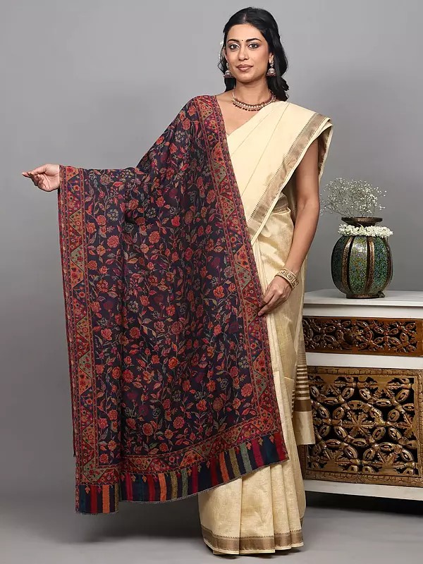 Ocean-Cavern Reversible Two-Ply Shawl with Woven Floral Vines All-Over