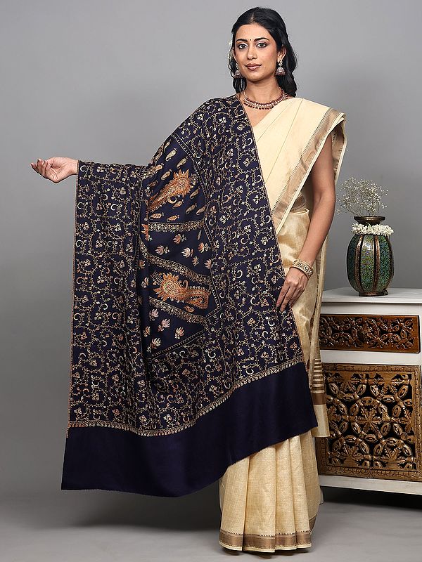Medieval-Blue Pure Wool Shawl with Sozni Hand-Embroidered Paisleys and Jaal Border from Kashmir
