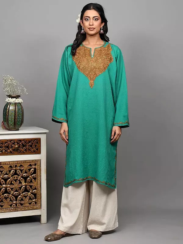 Aqua-Green Kashmiri Phiran with Aari Embroidered Paisleys on Neck and Side Pockets