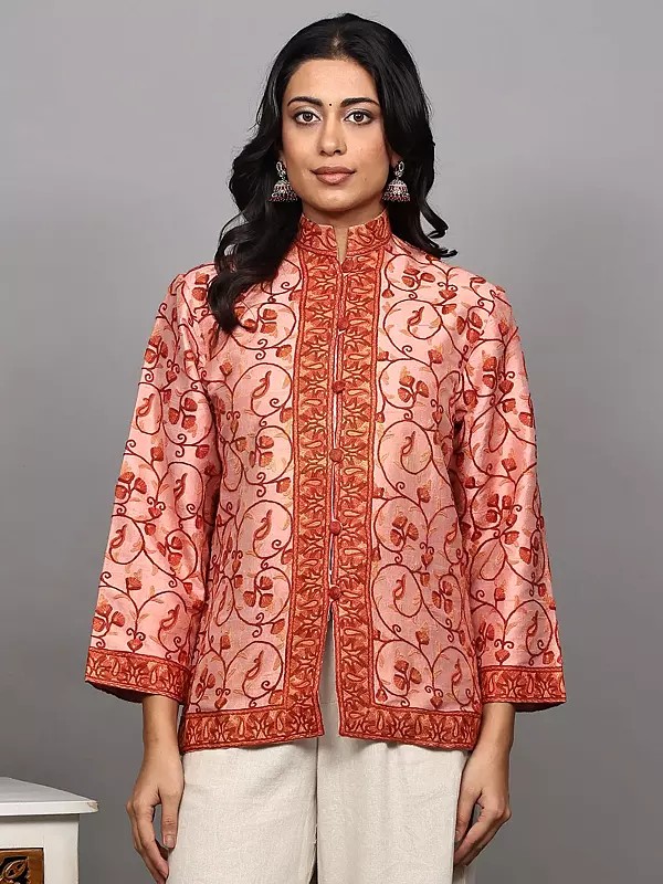 Pure Silk Short Jacket from Kashmir with Aari Embroidered Paisleys Jaal