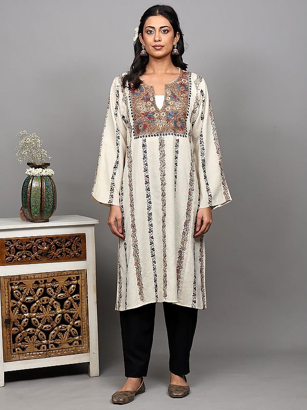Cannoli-Cream Phiran from Kashmir with Multi Thread Embroidery on Neck and Floral Stripes
