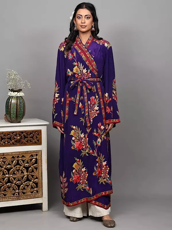 Royal-Purple Pure Crepe Robe with Aari Hand-Embroidered Floral Motifs in Multicolor and Waist Belt from Kashmir