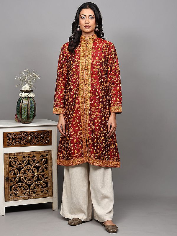 Red-Dahlia Pure Silk Long Jacket from Kashmir with Aari Embroidered Paisley Jaal