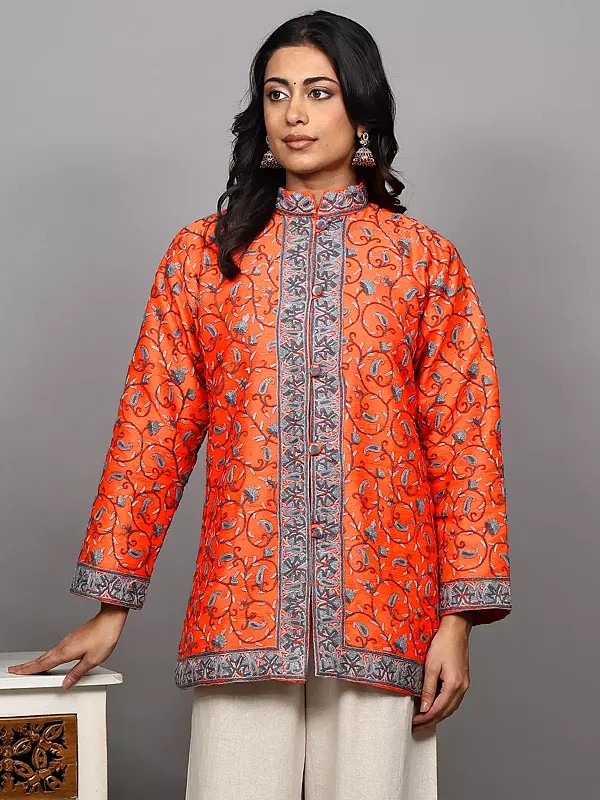 Vermillion-Orange Pure Silk Short Jacket with Aari Embroidered Paisley Sprigs from Kashmir