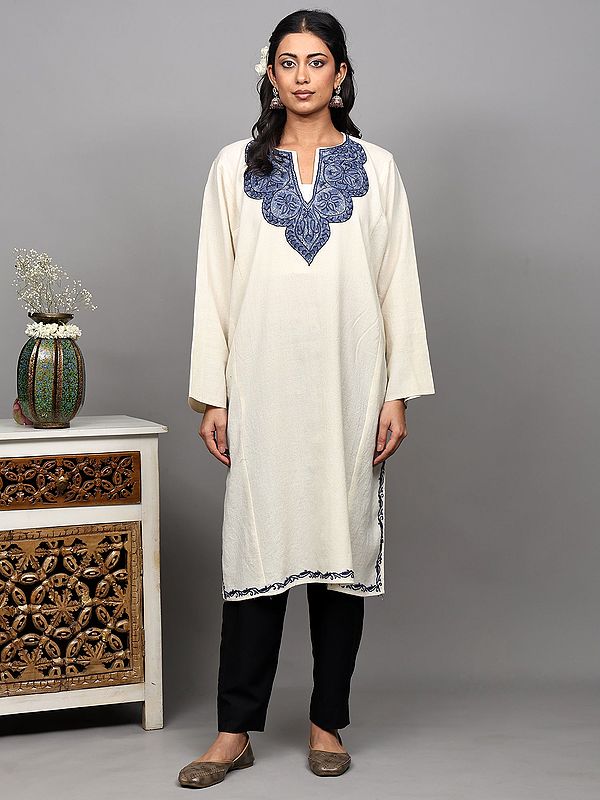 Snow-White Aari Embroidered Phiran from Kashmir with Side Pockets