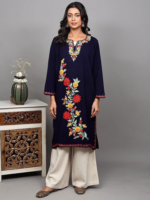 Medieval-Blue Phiran from Kashmir with Aari Embroidered Floral Motifs in Multicolor and Side Pockets