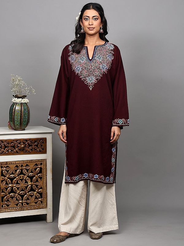 Madder-Brown Kashmiri Phiran with Side Pockets and Aari Embroidered Flowers