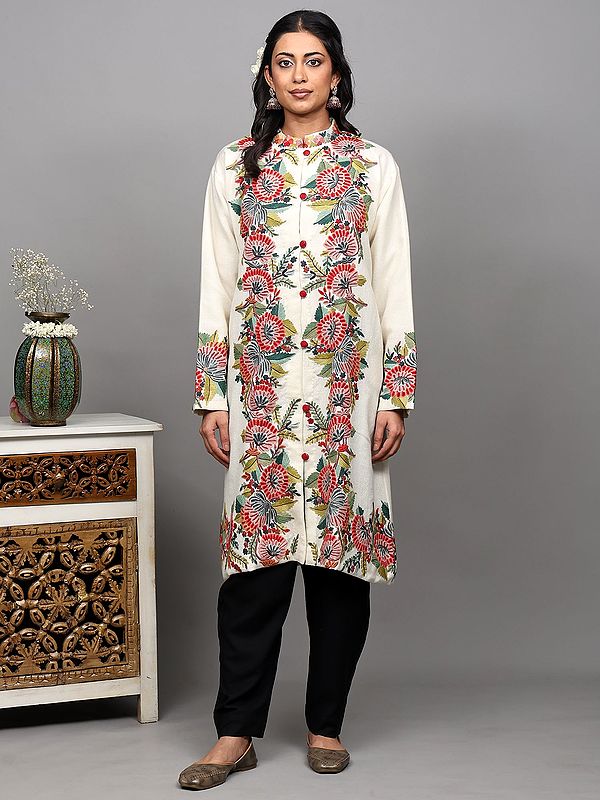 Cannoli-Cream Pure Wool Long Jacket from Kashmir with Aari-Hand Embroidered Giant Flowers