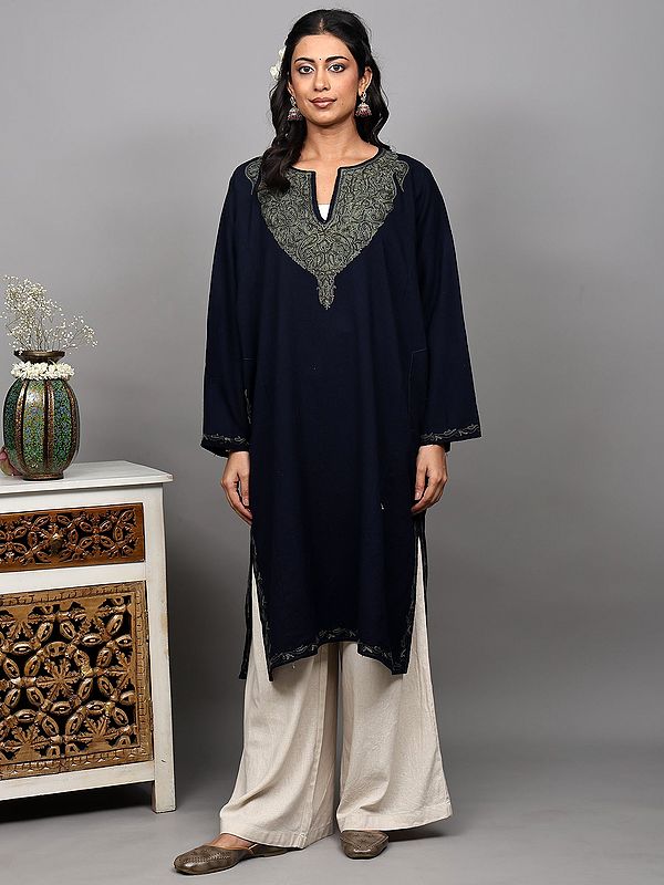 Patriot-Blue Wool Phiran from Kashmir with Aari Embroidered Paisleys on Neck and Side Pockets