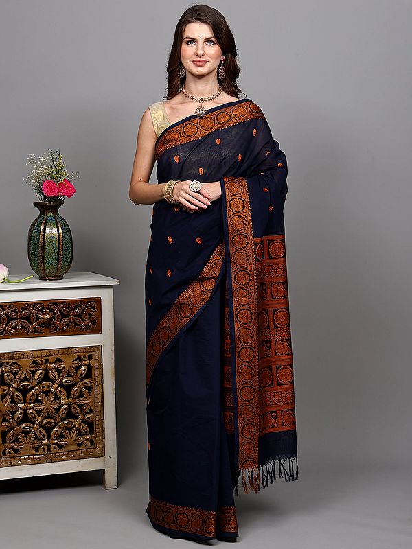 Medieval-Blue Pure Cotton Saree with Woven Peacocks and Chakra Motifs from Tamil Nadu