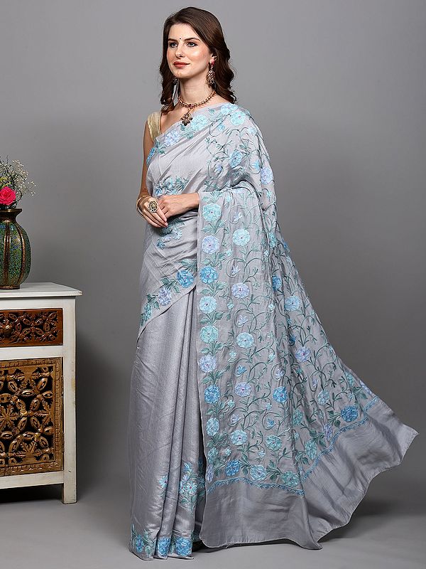 Glacier-Gray Kashmiri Saree with Aari Floral-Embroidery on Border and Pallu