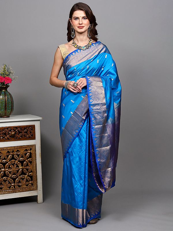 Blue-Aster Pure Silk Handloom Saree with Intricate Golden Zari woven Bootis and Floral Border from Bangalore