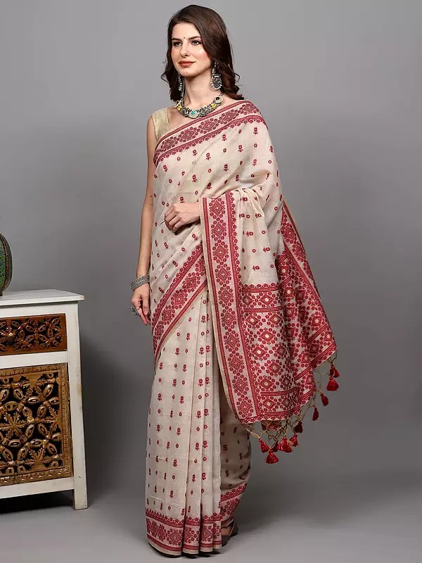 Arctic-Wolf Bootis woven Pure Cotton Saree with Kilim Pattern Border and Zari work