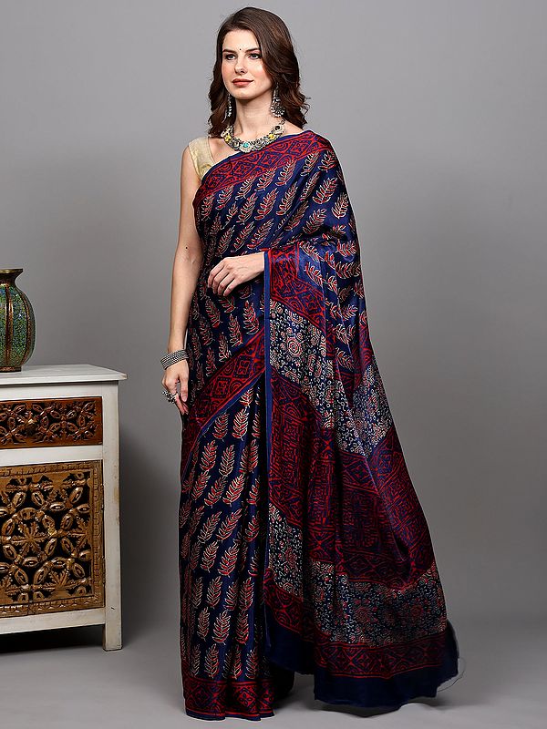 Blue-Depths Saree with Block Printed Floral Leaves All-Over from Madhya Pradesh