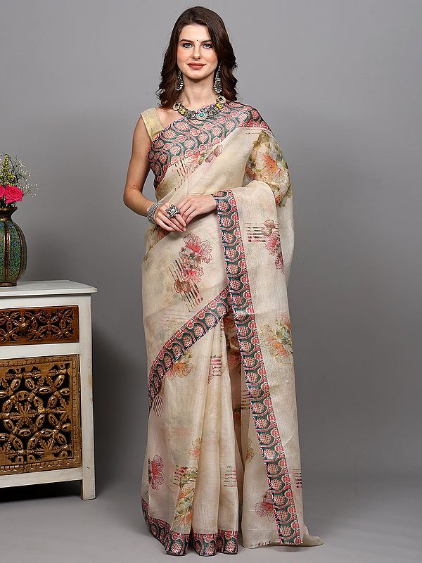 Pearled-Ivory Organza Saree with Printed Flowers with Contrast Border