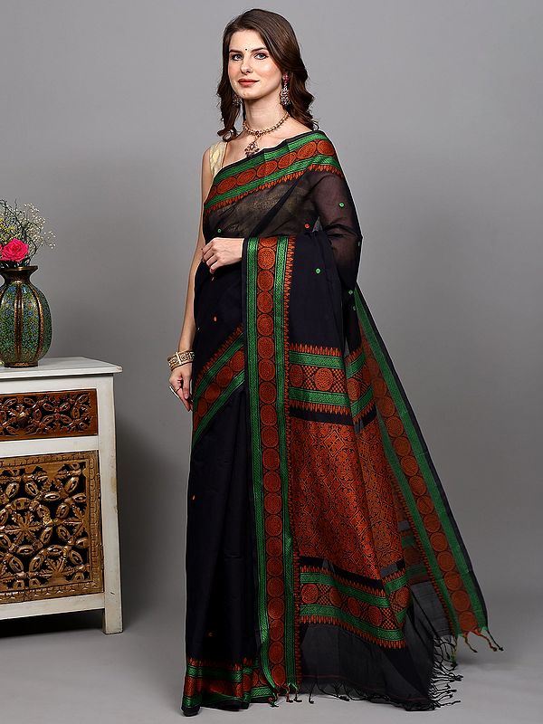 Bristol-Black Pure Cotton Handloom Saree from Dindigul with Intricate Thread weave Chakra Border and Paisley Pallu