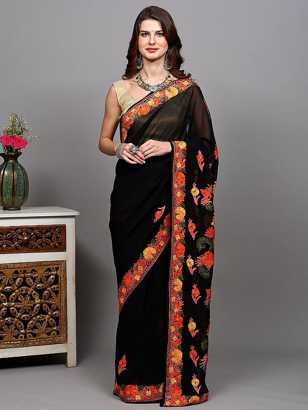Jet-Black Georgette Saree with Aari Embroidered Floral Vines from Kashmir