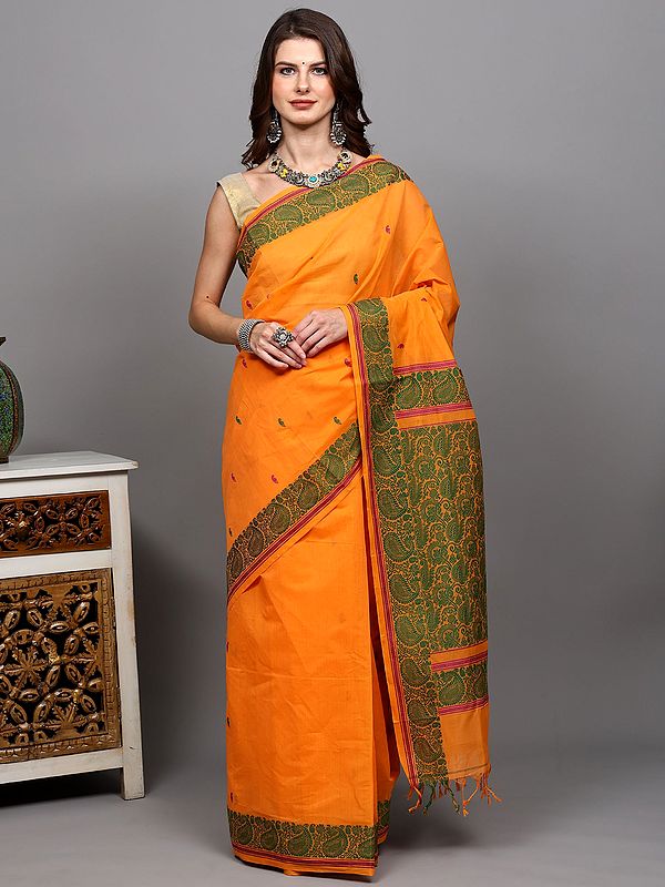 Blazing-Orange Pure Cotton Handloom Saree from Madurai with Intricate Paisley woven Border and Bootis