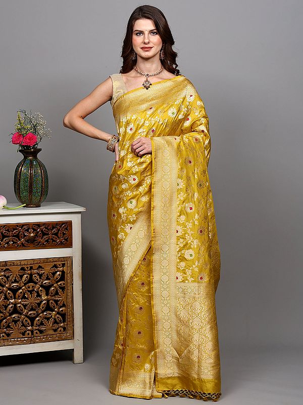 Ceylon-Yellow Pure Silk Banarasi Saree with Brocaded Meenakari Floral Vine and All-Over Zari Weave