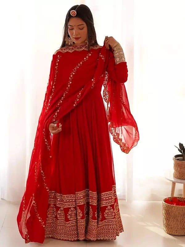 Red-Devil Georgette Zari And Sequins Work Full Sleeve Gown With Matching Designer Dupatta