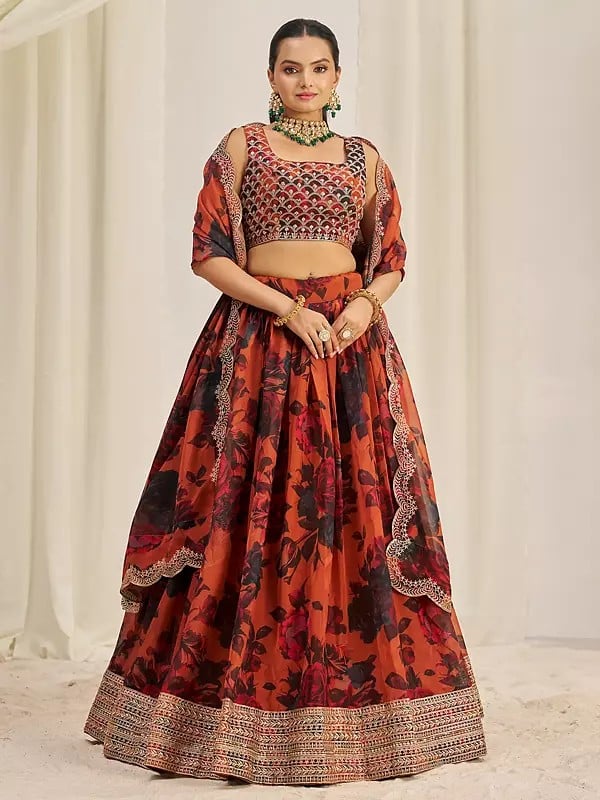 Rusty-Orange Attractive Floral Lehenga Choli And Dupatta In Organza With Designer Border And Lace