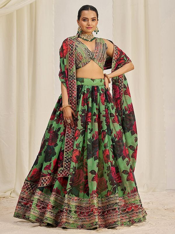 Greyish-Green Organza Printed Lehenga Choli And Dupatta With Floral Motifs And Broad Border