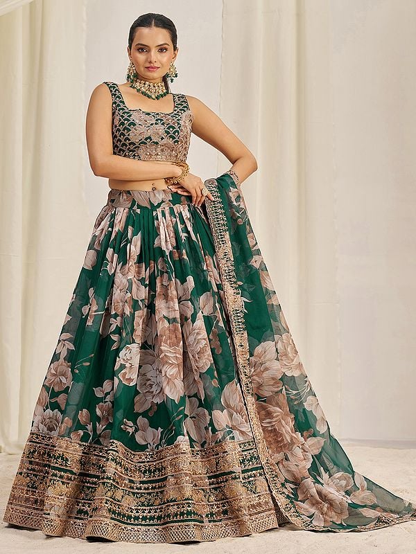 Teal-Green Broad Border Lehenga Choli And Dupatta With Floral Motifs Print