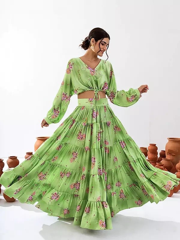 Floral Motif Printed Heavy Airtex Chinon Lehenga with Crop Top