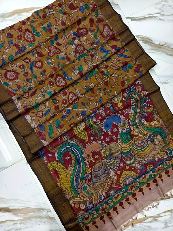 Tussar Silk Pen Kalamkari Hand Painted Saree With Peacock Print On Pallu