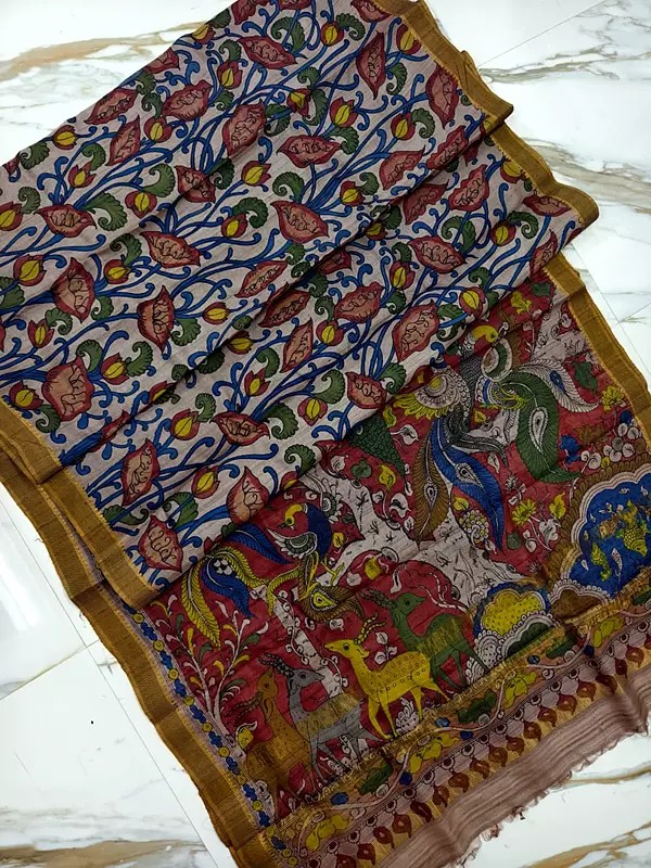 Hand Painted Pen Kalamkari Floral Tussar Silk Saree With Jungle Print On Pallu