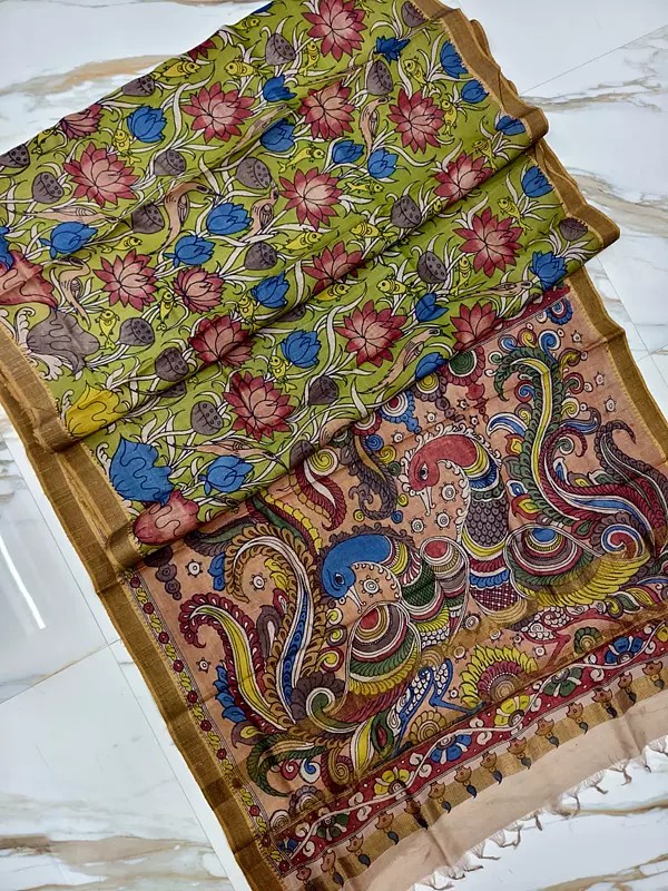 Pen Kalamkari Hand Painted Tussar Silk Floral Saree For Casual Occasion