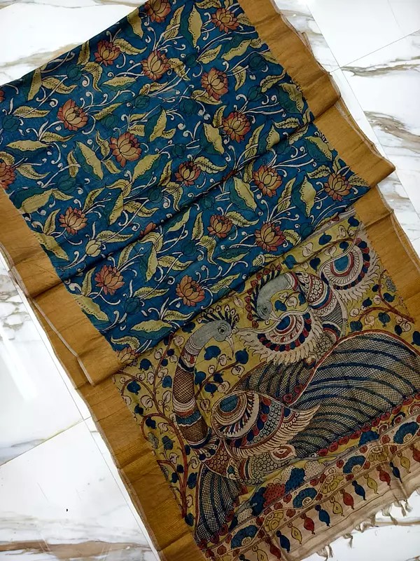 Tussar Silk Floral Hand Painted Pen Kalamkari Silk Saree For Festival Occasion