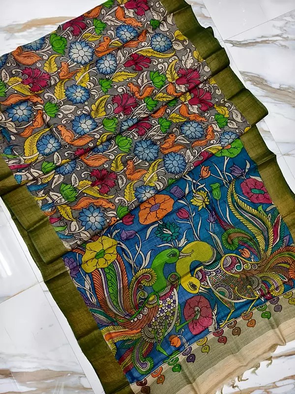 Multicolor Tussar Silk Hand Painted Pen Kalamkari Saree With Designer Pallu