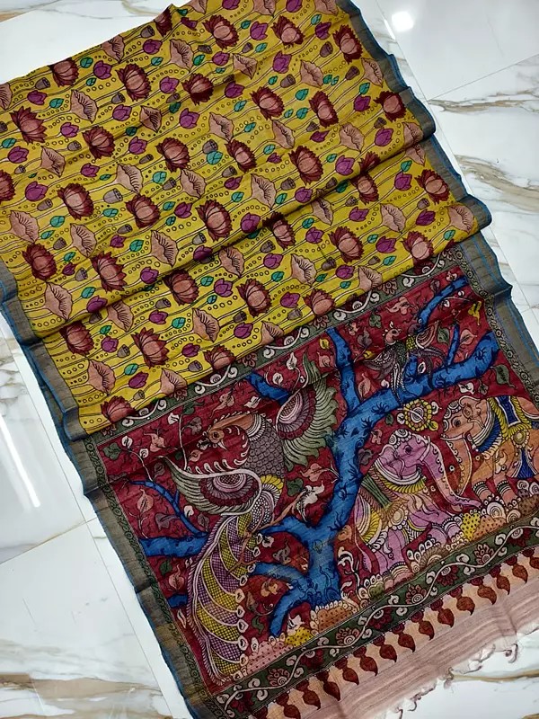 Flower Motif Hand Painted Pen Kalamkari Tussar Silk Saree For Casual Occasion