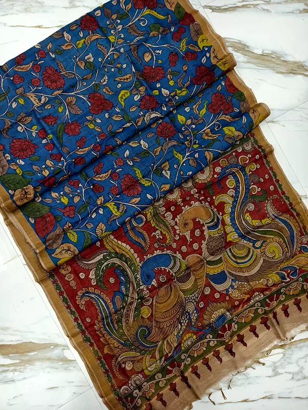 Flower And Leaf Motif Hand Painted Pen Kalamkari Tussar Silk Festival Wear Saree