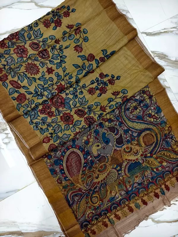 Flower And Leaf Motif Hand Painted Pen Kalamkari Tussar Silk Saree With Designer Pallu