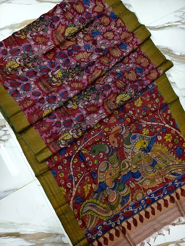 Multicolor Designer Tussar Silk Hand Painted Pen Kalamkari Saree With Attractive Pallu