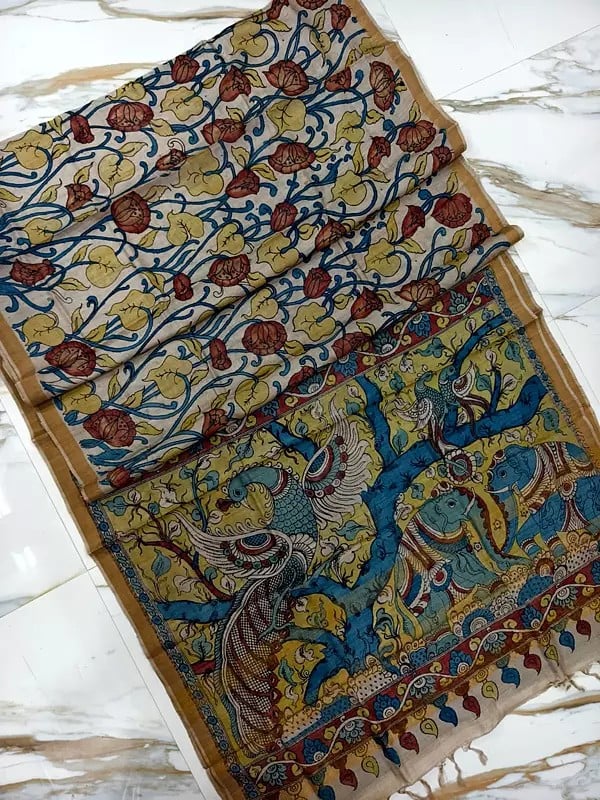 Hand Painted Pen Kalamkari Tussar Silk Festival Wear Saree