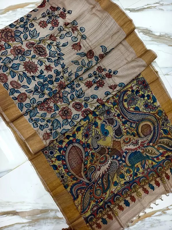 Floral Hand Painted Pen Kalamkari Tussar Silk Saree With Attractive Pallu