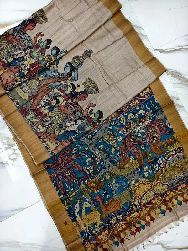 Village Scence Hand Painted Pen Kalamkari Tussar Silk Saree