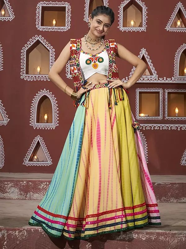 Multicolor Poly Maska Silk Traditional Lehenga Choli And Jacket With All Over Mirror, Latkan And Embroidery